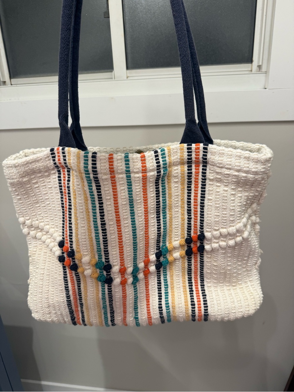 Universal Thread White Woven Tote with Navy Straps and Multicolor Stripes